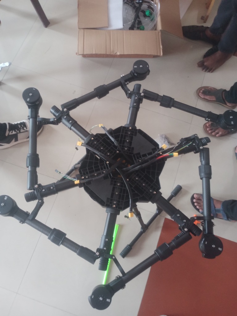 Top-down view of a custom folding hexacopter carbon-fiber drone frame